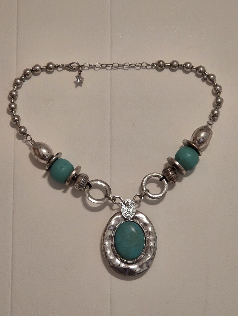 Silver-Tone Necklace with Turquoise Beads and Oval Pendant - Women Jewelry